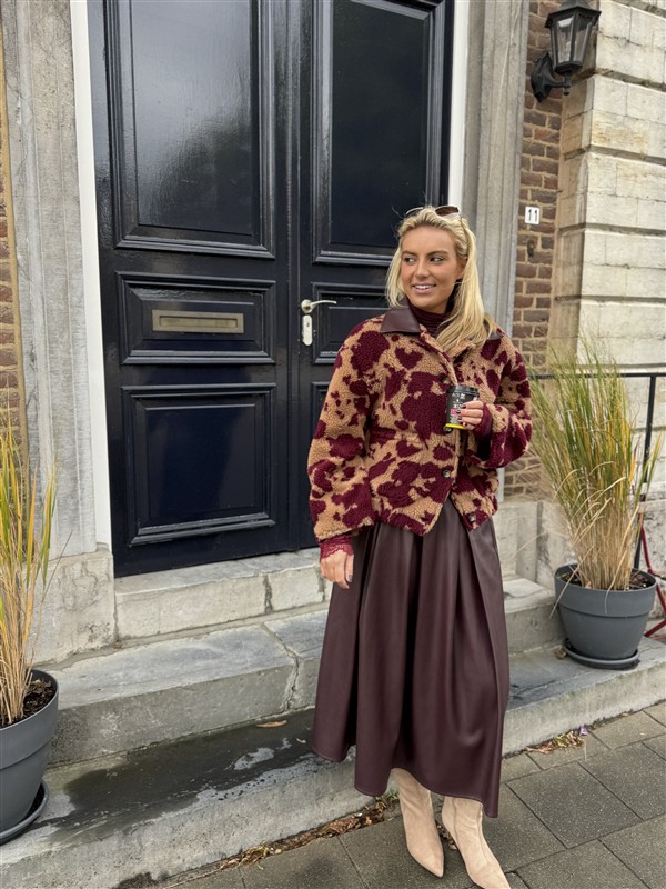 Cow Teddy Coat Lederl Kraag Bordeaux