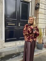 Cow Teddy Coat Lederl Kraag Bordeaux