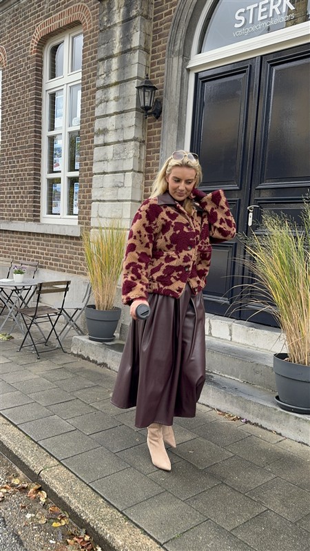 Cow Teddy Coat Lederl Kraag Bordeaux