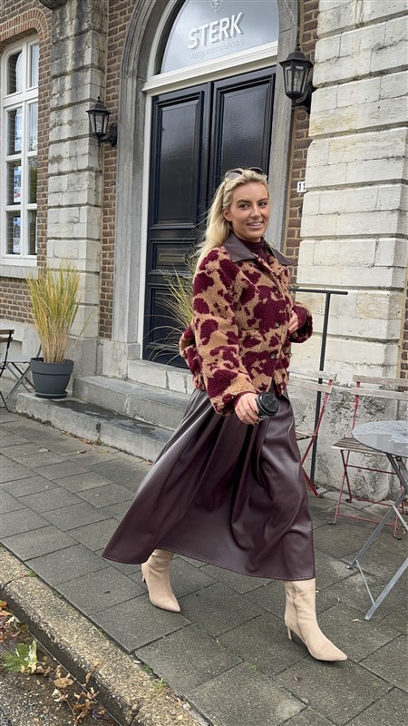 Cow Teddy Coat Lederl Kraag Bordeaux