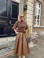 Lederlook Midi Rok Cognac H2836