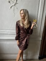 Jurk 8939 Overslag Bow Paillet Bruin