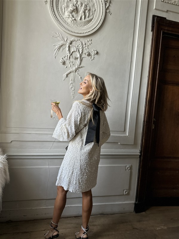 Jurk Zp782 Paillet Bow Back Ecru