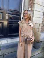 Linnenlook Set Met Top Kapm.+broek Camel