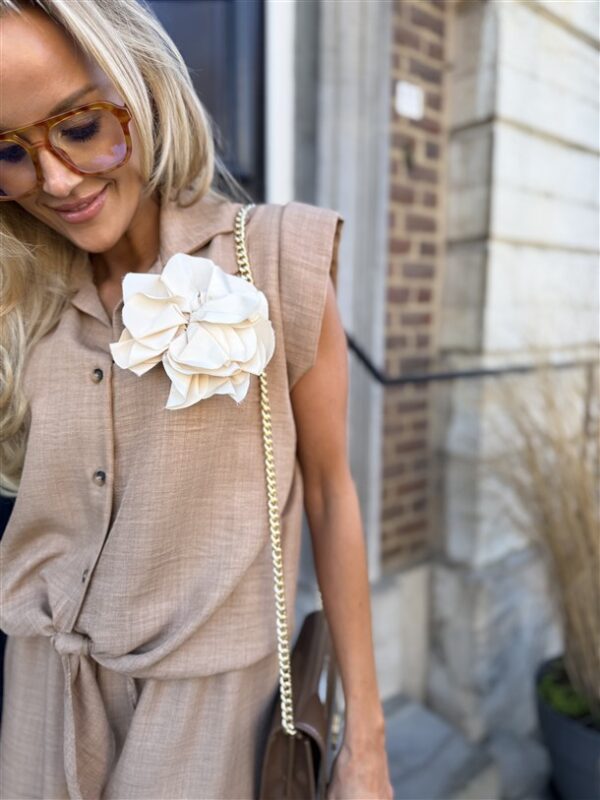 Linnenlook Set Met Top Kapm.+broek Camel