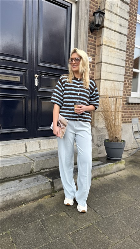 Knit 51157 K.mouw Bruin Blauw Gestreept