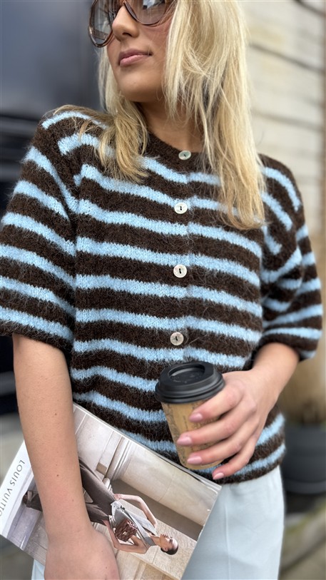 Knit 51157 K.mouw Bruin Blauw Gestreept