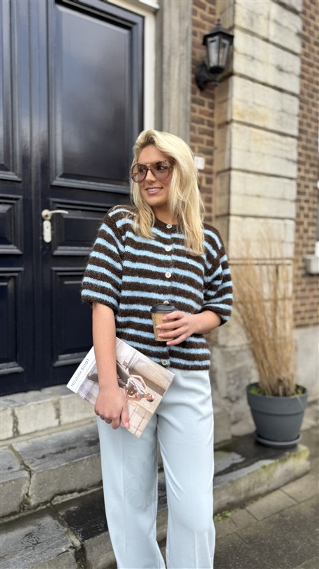 Knit 51157 K.mouw Bruin Blauw Gestreept