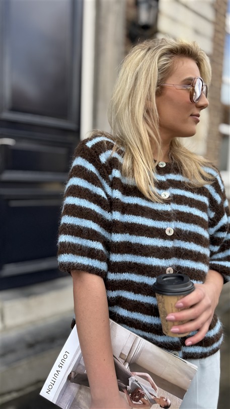 Knit 51157 K.mouw Bruin Blauw Gestreept